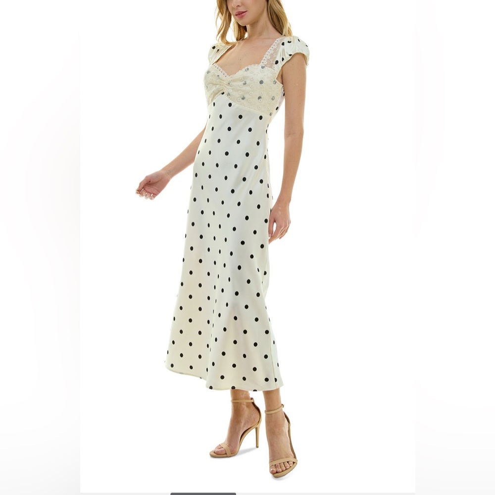 Crystal Doll Cap Sleeve Off-White Satin Dress with Black Polka Dots